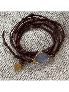 NINA NGUYEN Wrap Bracelet Leather Cord Purple Druzy Gold Tone Setting Boho Chic